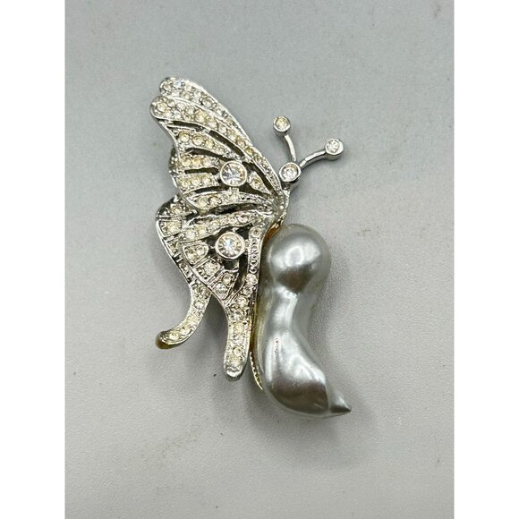 Vintage Kenneth Lane Butterfly Pin Brooch KJL Silver Tone Faux Pearl Insect Pin - Picture 2 of 7